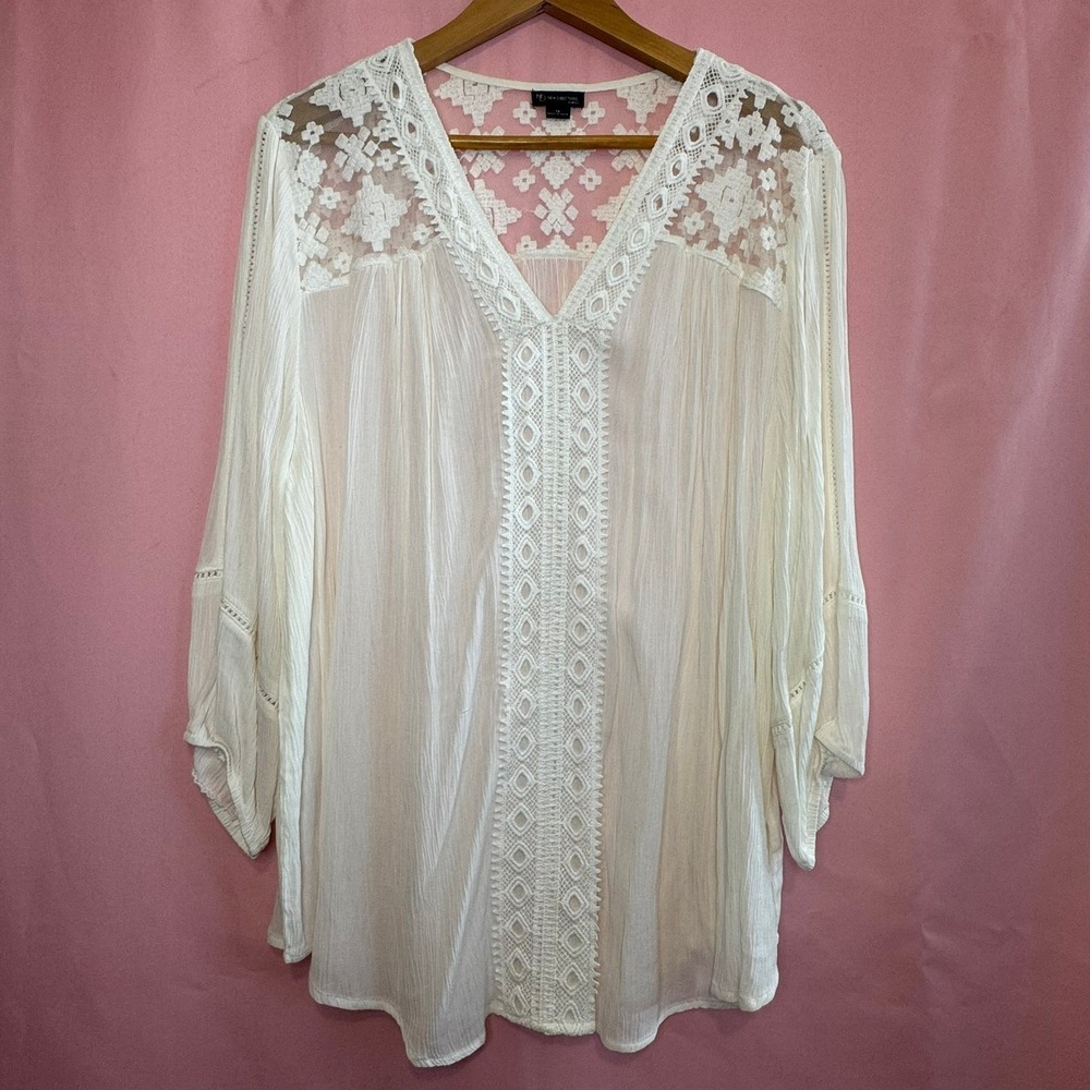 NEW DIRECTIONS Woven Top 1X Boho Style Short Sleeve Casual Tunic Blouse Artsy